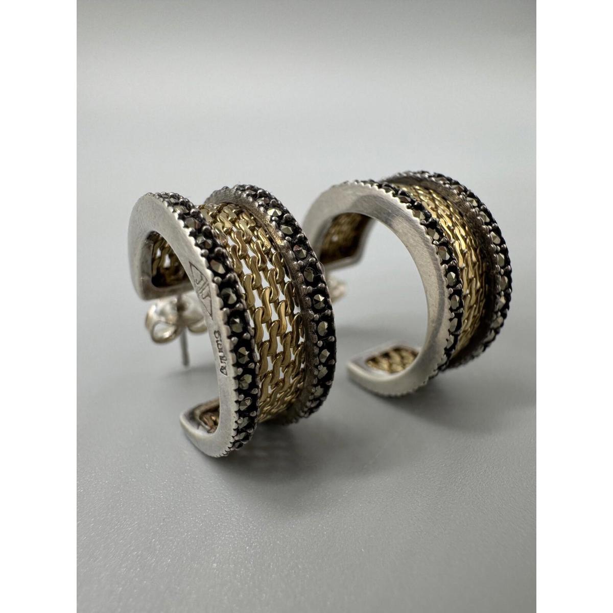 Judith Jack 925 Sterling Silver Yellow Gold Plated Mesh Marcasite Hoop Earrings 105$